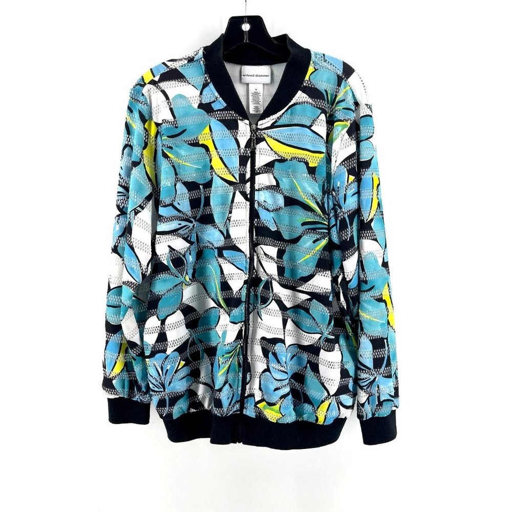 Alfred Dunner Blue Yellow Floral Print Full Zip Sweatshirt Jacket Size 14